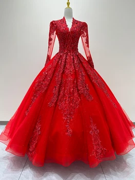 2023 Új Kínai Hosszú Ujjú Esküvői Ruha Vörös Vintage V-nyakú Csipke Rátét Menyasszonyi Ruha Vestido De Noiva Plus Size Egyéni