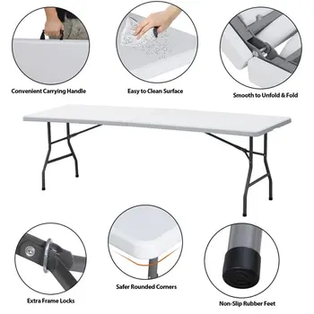 8FT Összecsukható Utility Táblázat Hordozható Nagy Piknik Kemping Asztal, Fehér