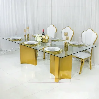 Arany téglalap alakú tükör bankett rozsdamentes acél asztal üveg tetején esküvői asztalok