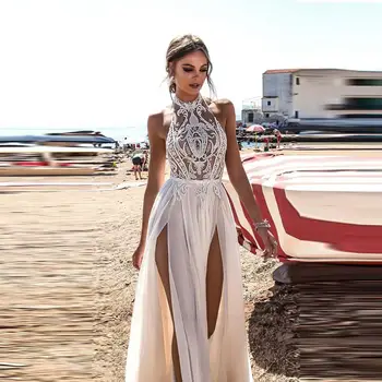 Beach Esküvői Ruha A-line Pántos Szatén Csipke Elvágta Backless Bohém Dubai arab Esküvői Ruha, Menyasszonyi Ruha Vestido De Noiva