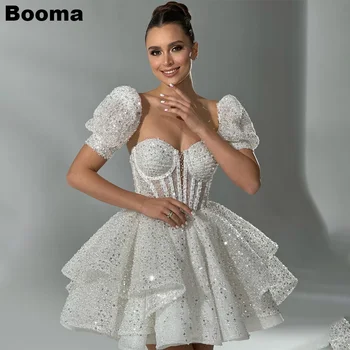 Booma Egy Sort Fehér, Fényes Mini Esküvői Ruhák Szívem Levehető Ujjú Bridals Ruhák Csont Fűző Menyasszony Fél Ruhák 2023