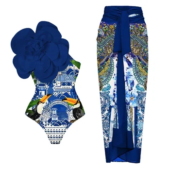 Divat Kék Nyomtatási Egy Darab Bikini Egy Darab Szexi Pántos 2023 Hölgyek 3D-s Sztereoszkópikus Virág Harisnyatartó Fürdőruha
