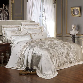 Ezüst Szürke Luxus Selymes Szatén Jacquard paplanhuzat Hímzett ágynemű szett Szuper, Király, Királynő méret: 4/6db ágy lap/lepedő
