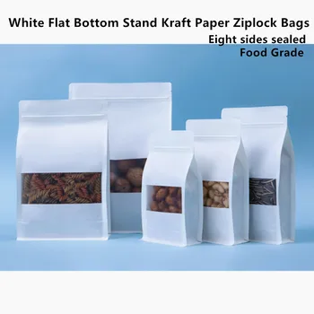 Fehér Kraft papír Tasak 50pcs Lapos Alsó Állvány Kézműves Papír Zip-Zár Táskák Matt Ablak Élelmiszer Minőségű, Egyéni, Lezárt Snack Csomag