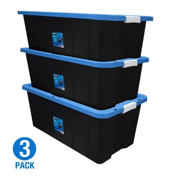 HART 40 Gallon Reteszelés Műanyag tárolóban Konténer, Fekete, Kék Fedél, Set, 3 Tároló Dobozok & Kuka