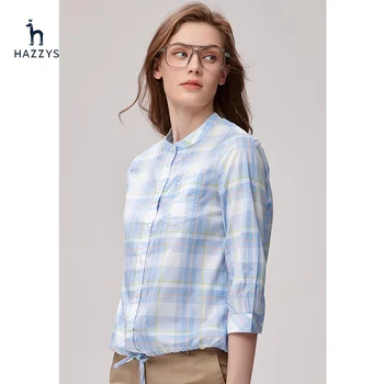 Hazzys új női tavaszi ing Brit stílus kék kockás ing, alkalmi divatos felsők ingázó rövid ujjú
