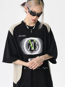 HOUZHOU Harajuku koreai Patchwork Tshirts Nők Hippi Y2K Cyber Punk Streetwear Rövid Ujjú póló Túlméretes Laza Levél Tea