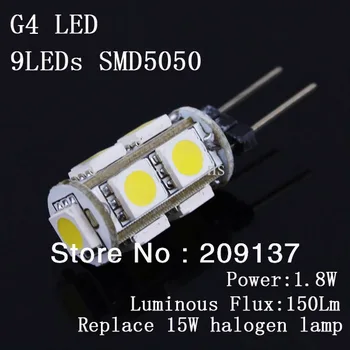 Ingyenes Szállítás 1.8 W SMD5050 9LEDs DC12V G4 LED Meleg Fehér / Hideg fehér LED Izzó 360deg Lámpa Spotlámpa