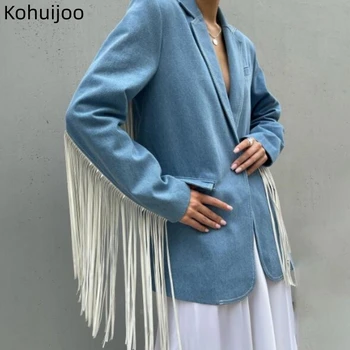 Kohuijoo Bojt Patchwork Design Túlméretezett Öltöny Kabát Női Európai Stílusú Hosszú Ujjú Középső Hosszú Hajtóka Laza Farmer Kabát
