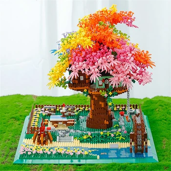Kreatív Szivárvány Sakura Fa Ház Építőkövei City Street View-Val Könnyű Modell Micro Össze Tégla Játékok Gyerekeknek, Felnőtt Ajándékok