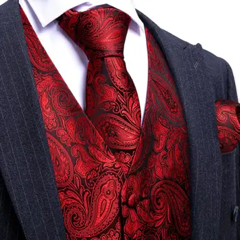 Luxus Selyem Piros Fekete Paisley Férfi Mellény Hímzett Vékony Mellény, Nyakkendő Beállított Esküvői Fomal Férfi Öltöny Barry Wang