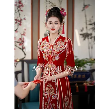 Menyasszony Új Kínai Stílusú Pirítós Ruha Strassz Gyöngyfűzés Bojt Hímzés Esküvői Ruha