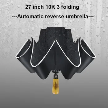Nagy 3Fold Üzleti Esernyő Eső Nők Férfiak 120cm Fordított Automata Esernyő Szélálló 10Ribs Autó Esernyő, Fa nyele Paraguas