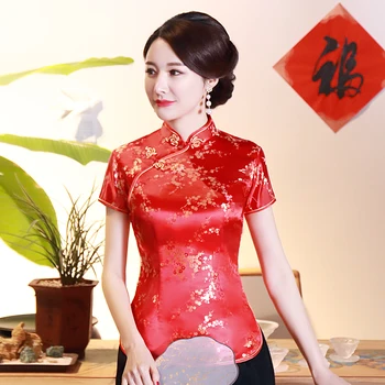 Nyári Rövid Ujjú Kínai póló Klasszikus Vékony Piros Nők Tangsuit Maximum Qipao Vintage Mandarin Gallér Cheongsam 3XL 4XL