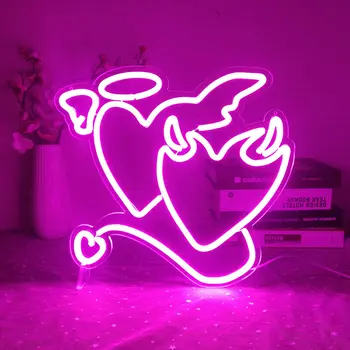 Rózsaszín Neon Sign Angyal, Démon, neonfényekhez Szív neonok Hálószoba Esküvői Neon Fény Jel a Falon, Bár Nappali Dekoráció