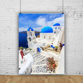 SHENGYONGBAO Táj Santorini Sziget a Város Kék Búra Templom Épület Égei-Tengeri Tájkép Fotózás Háttér Kellékek HL-01