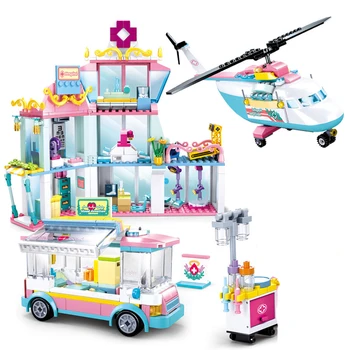 Sluban Mentő autó modell épületszerkezetek blokkok barátok, a Lányok, Orvosi Témájú tégla helikopter Kórház városi jármű szett