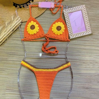 Szemet Gyönyörködtető Kézműves Horgolt Pamut Szexi Csipke-up Bikini Szett，Fürdőruha, Narancs Virágos Minta