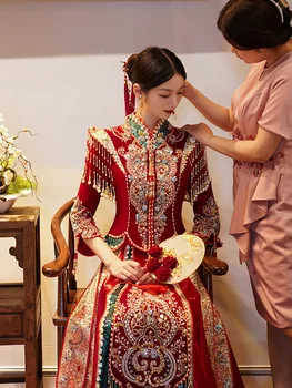 Yourqipao Kínai Esküvői Ruha Hagyományos Cheongsam Plus Size Modern Piros Ruházat, Szoknya, Női Férfi Tang Öltöny Keleti Ruhák